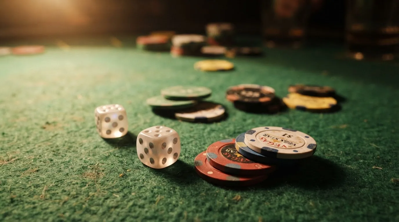 Ett par tärningar och färgglada pokerchips ligger utspridda på en grön filtduk under ett varmt spotlight-sken.