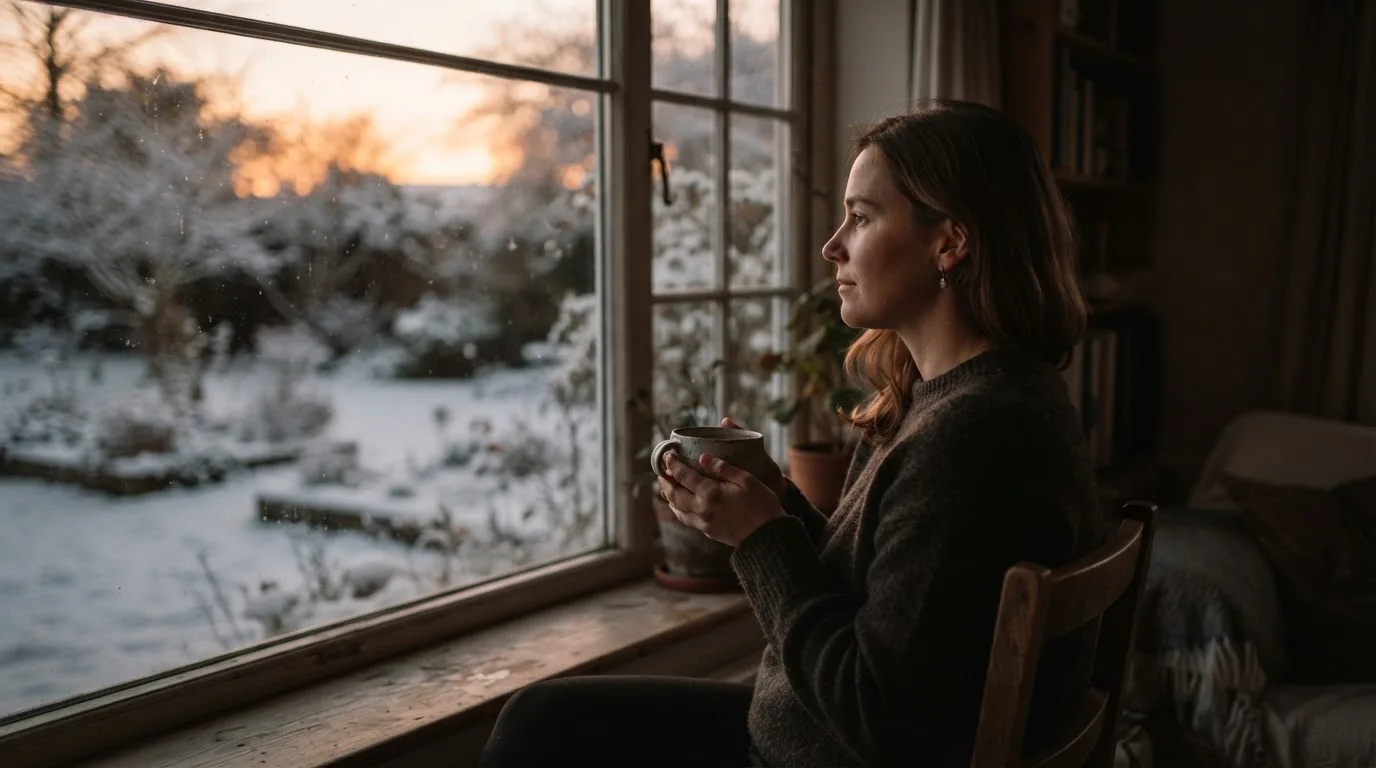 En person sitter ensam vid ett fönster i skymningen och håller en tekopp, med en rofylld vinterträdgård synlig utanför glaset.